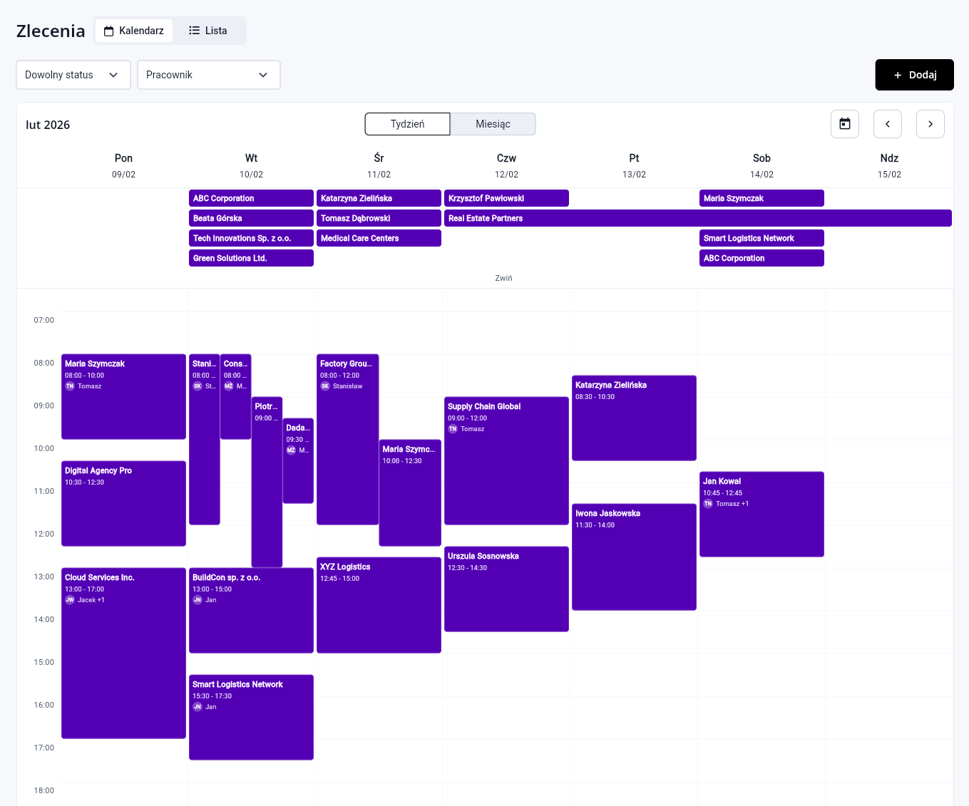 Kalendarz zleceń – widok tygodniowy w Feldi